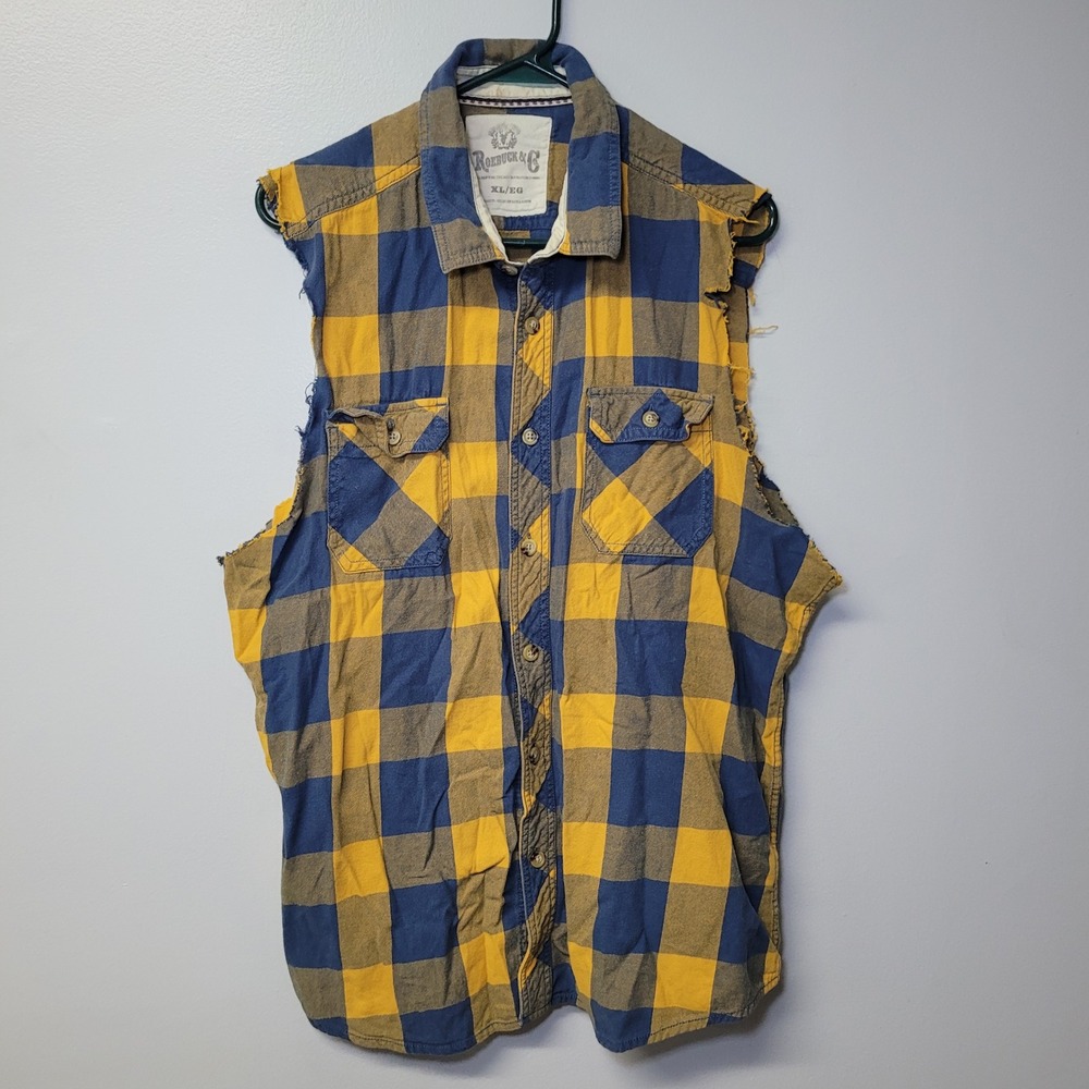 Roebuck Co Mens XL Sleeveless Flannel Shirt Blue Yellow Plaid Cut Off Vest